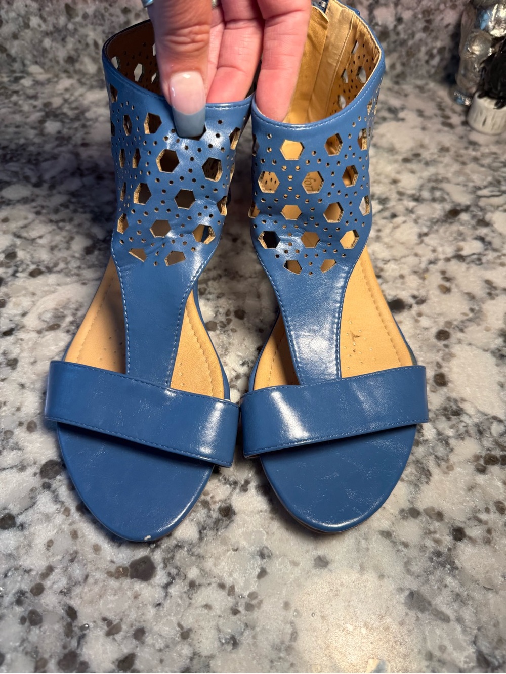 comfortview Blue Laser-Cut T-Strap Gladiator Sandals